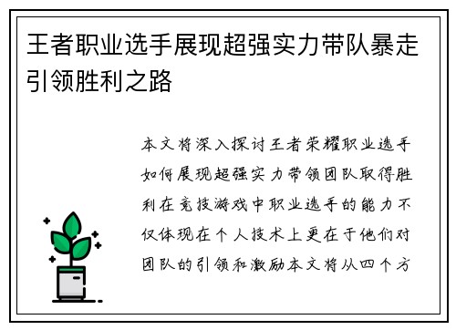 王者职业选手展现超强实力带队暴走引领胜利之路