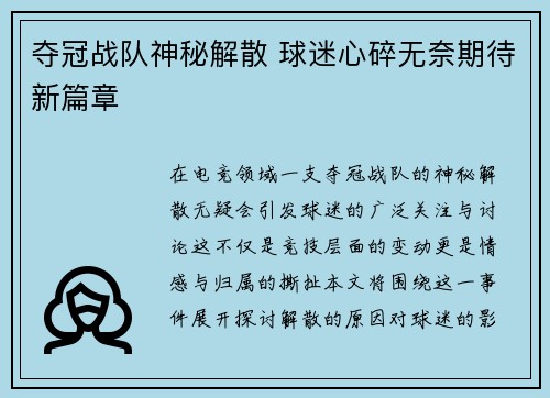 夺冠战队神秘解散 球迷心碎无奈期待新篇章