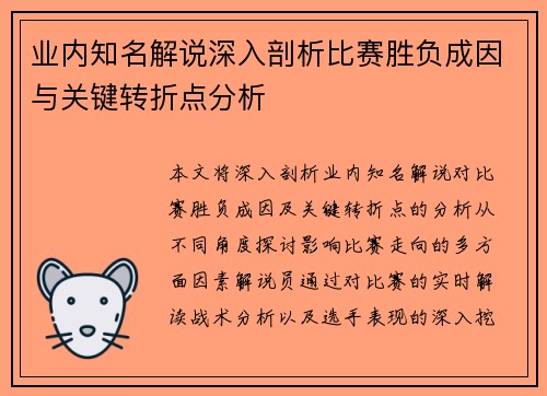业内知名解说深入剖析比赛胜负成因与关键转折点分析
