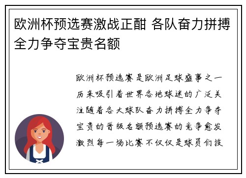 欧洲杯预选赛激战正酣 各队奋力拼搏全力争夺宝贵名额