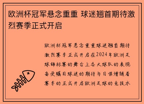 欧洲杯冠军悬念重重 球迷翘首期待激烈赛季正式开启