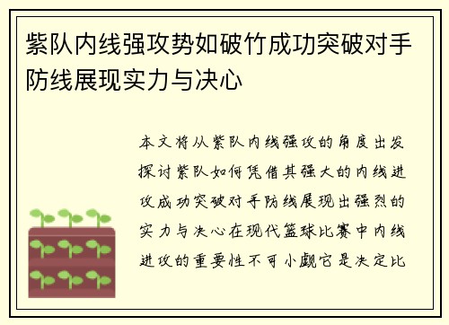 紫队内线强攻势如破竹成功突破对手防线展现实力与决心