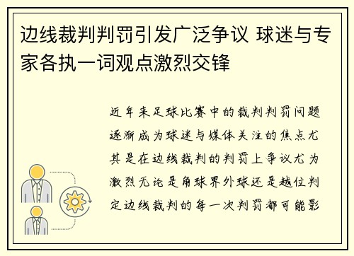 边线裁判判罚引发广泛争议 球迷与专家各执一词观点激烈交锋