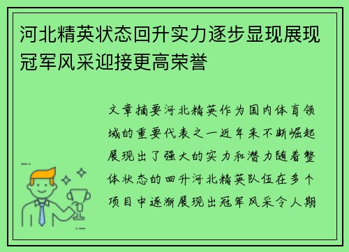 河北精英状态回升实力逐步显现展现冠军风采迎接更高荣誉