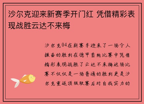 沙尔克迎来新赛季开门红 凭借精彩表现战胜云达不来梅