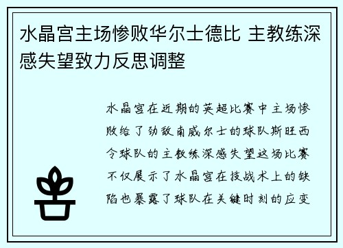 水晶宫主场惨败华尔士德比 主教练深感失望致力反思调整