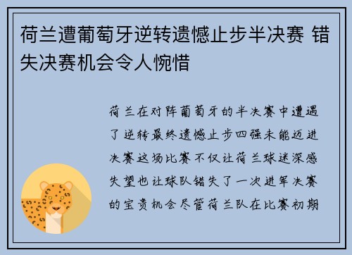荷兰遭葡萄牙逆转遗憾止步半决赛 错失决赛机会令人惋惜