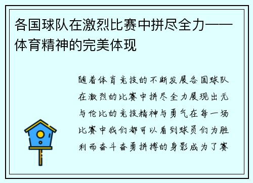 各国球队在激烈比赛中拼尽全力——体育精神的完美体现