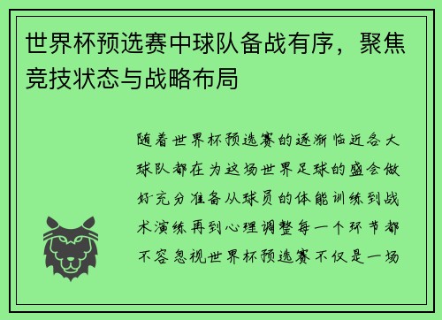 世界杯预选赛中球队备战有序，聚焦竞技状态与战略布局