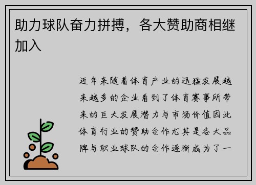 助力球队奋力拼搏，各大赞助商相继加入