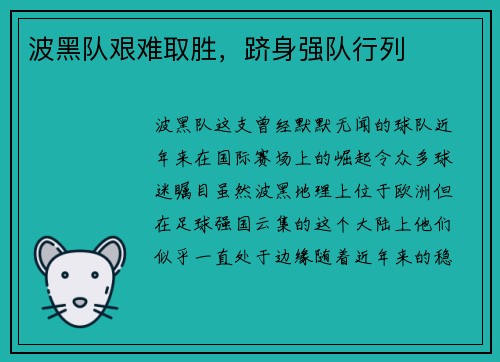 波黑队艰难取胜，跻身强队行列