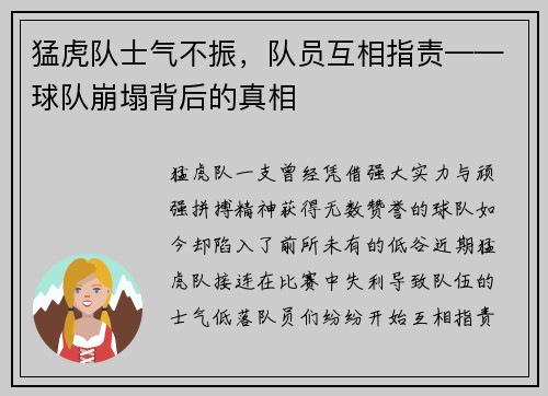猛虎队士气不振，队员互相指责——球队崩塌背后的真相