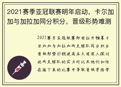 2021赛季亚冠联赛明年启动，卡尔加加与加拉加同分积分，晋级形势难测