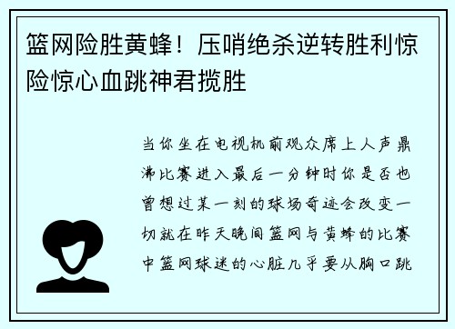 篮网险胜黄蜂！压哨绝杀逆转胜利惊险惊心血跳神君揽胜