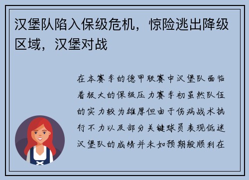 汉堡队陷入保级危机，惊险逃出降级区域，汉堡对战