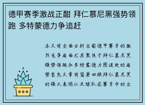 德甲赛季激战正酣 拜仁慕尼黑强势领跑 多特蒙德力争追赶