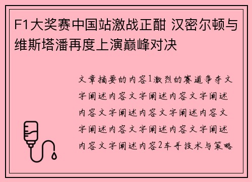 F1大奖赛中国站激战正酣 汉密尔顿与维斯塔潘再度上演巅峰对决