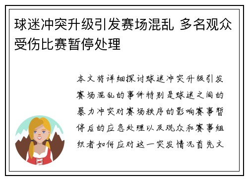 球迷冲突升级引发赛场混乱 多名观众受伤比赛暂停处理