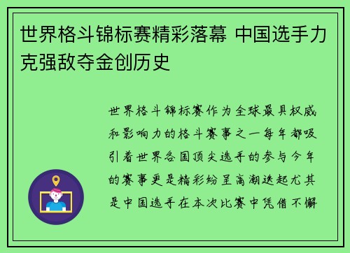 世界格斗锦标赛精彩落幕 中国选手力克强敌夺金创历史