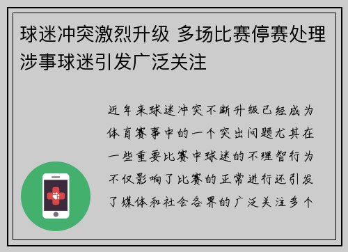 球迷冲突激烈升级 多场比赛停赛处理涉事球迷引发广泛关注