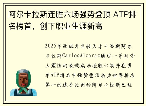 阿尔卡拉斯连胜六场强势登顶 ATP排名榜首，创下职业生涯新高