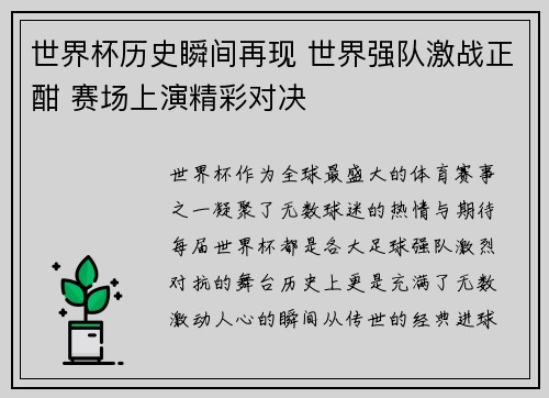 世界杯历史瞬间再现 世界强队激战正酣 赛场上演精彩对决